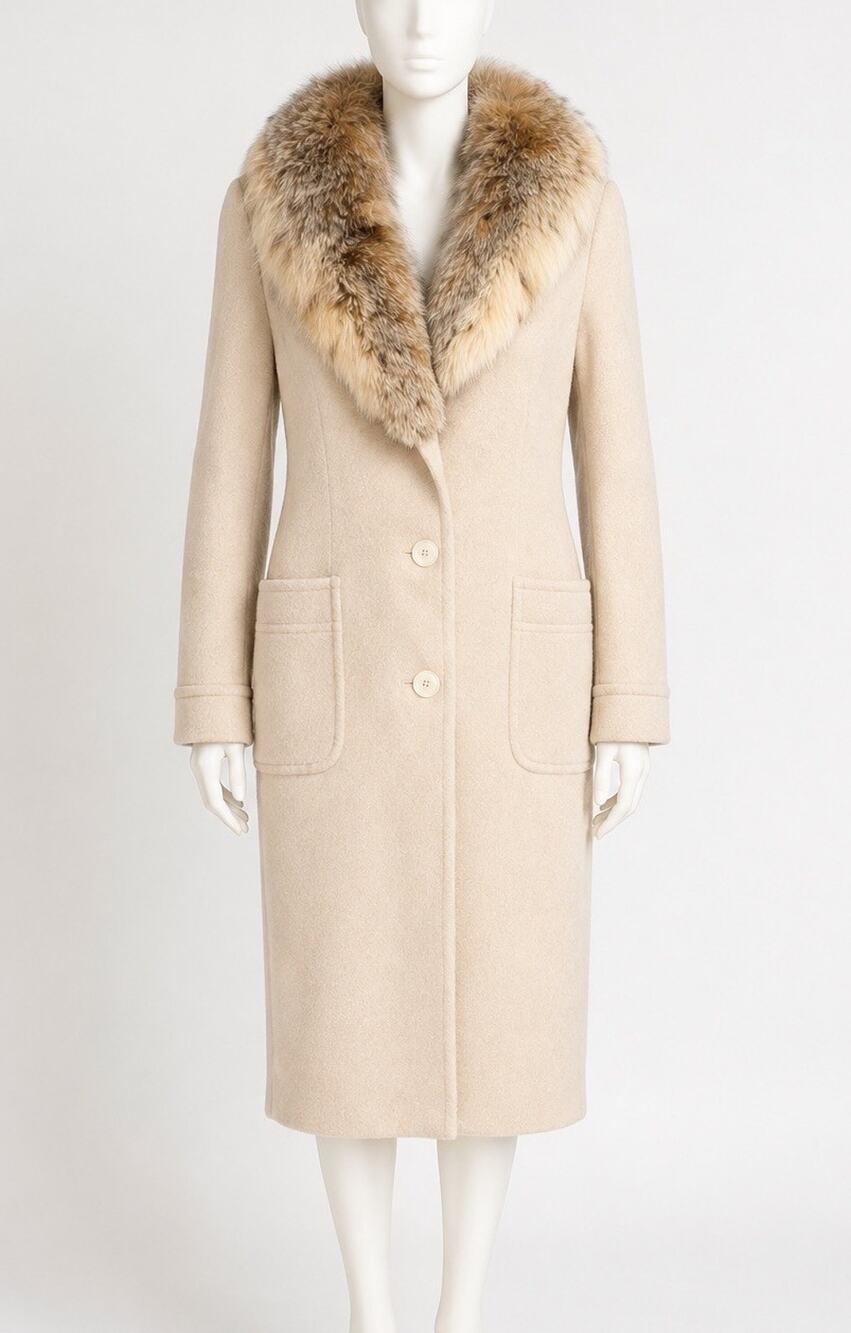 Vintage 100% Pure Wool Coat Genuine Coyote Fur Collar Beige S M ILGWU